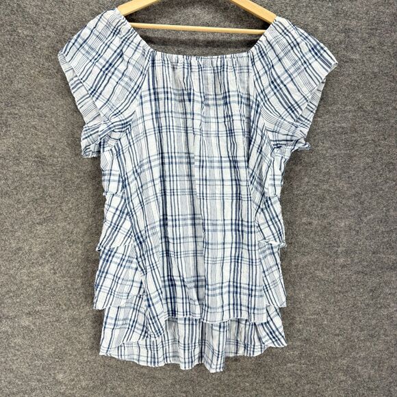 Dressbarn Blouse Women 1X Plus Blue Plaid Short Sleeve Ruffle Cotton Casual - Picture 2 of 7